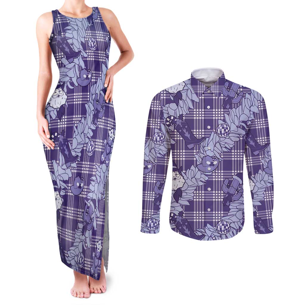 Purple Palaka Hawaii Cowboy Christmas Couples Matching Tank Maxi Dress and Long Sleeve Button Shirt Paniolo Mix Maile Lei LT7 Purple - Polynesian Pride