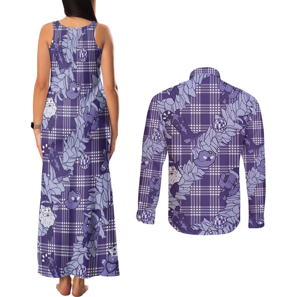 Purple Palaka Hawaii Cowboy Christmas Couples Matching Tank Maxi Dress and Long Sleeve Button Shirt Paniolo Mix Maile Lei LT7 - Polynesian Pride