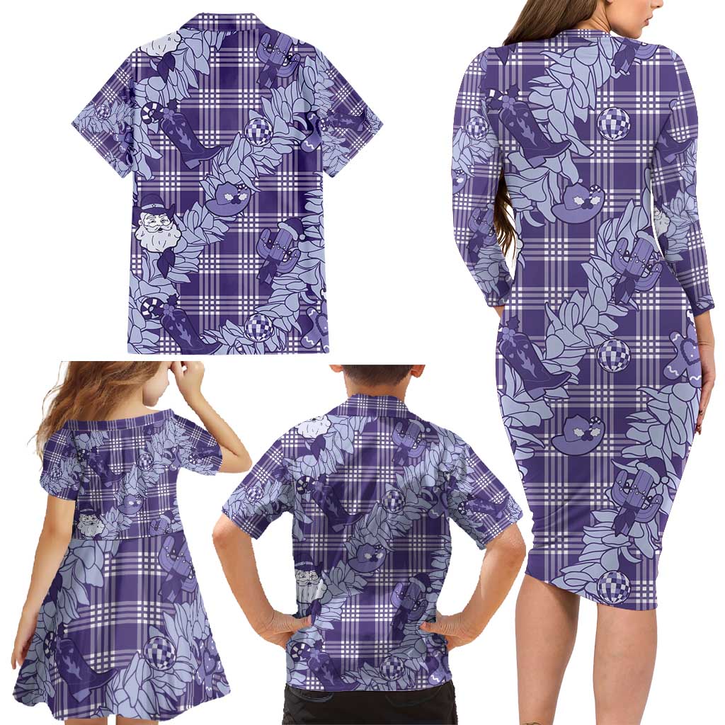 Purple Palaka Hawaii Cowboy Christmas Family Matching Long Sleeve Bodycon Dress and Hawaiian Shirt Paniolo Mix Maile Lei LT7 - Polynesian Pride