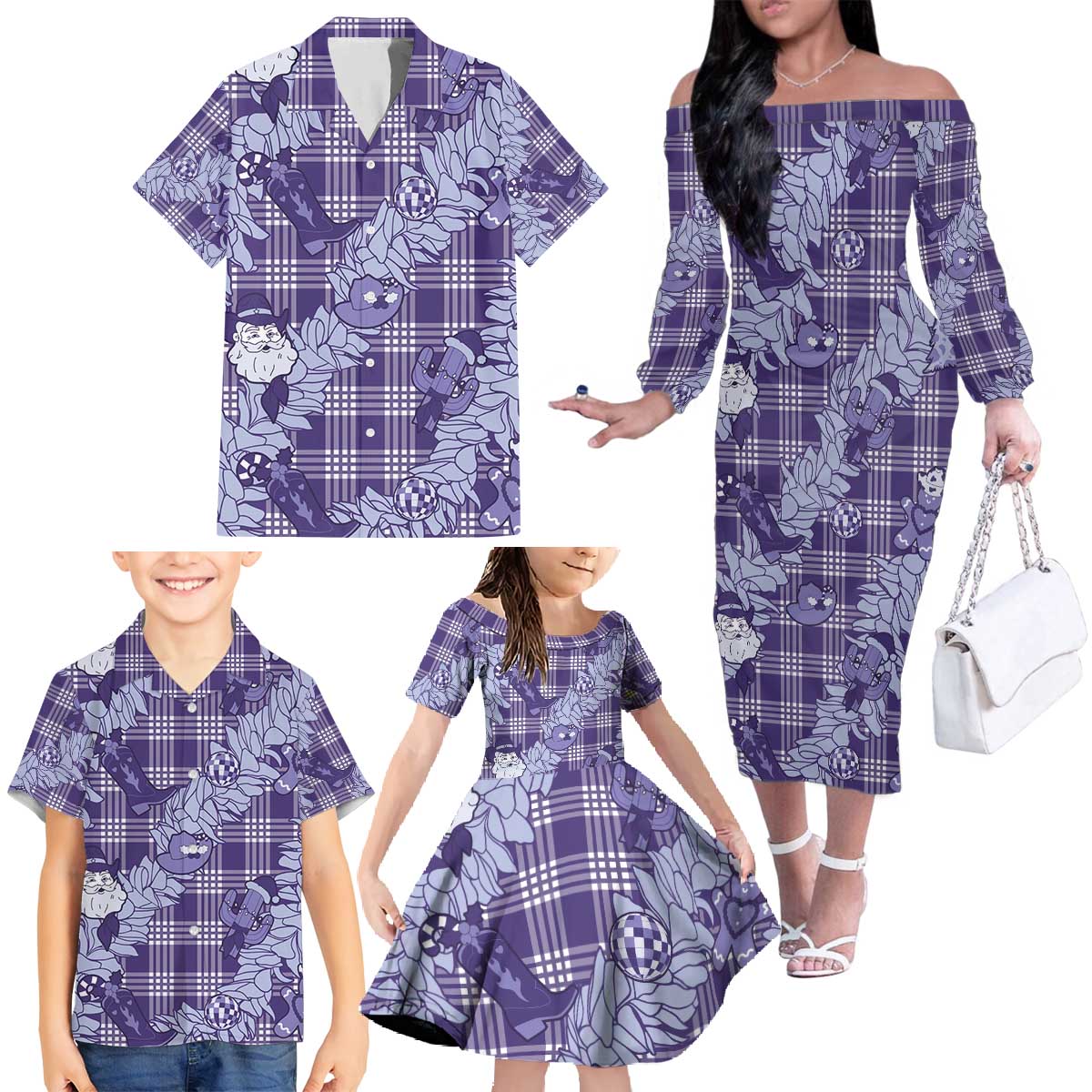 Purple Palaka Hawaii Cowboy Christmas Family Matching Off The Shoulder Long Sleeve Dress and Hawaiian Shirt Paniolo Mix Maile Lei LT7 - Polynesian Pride