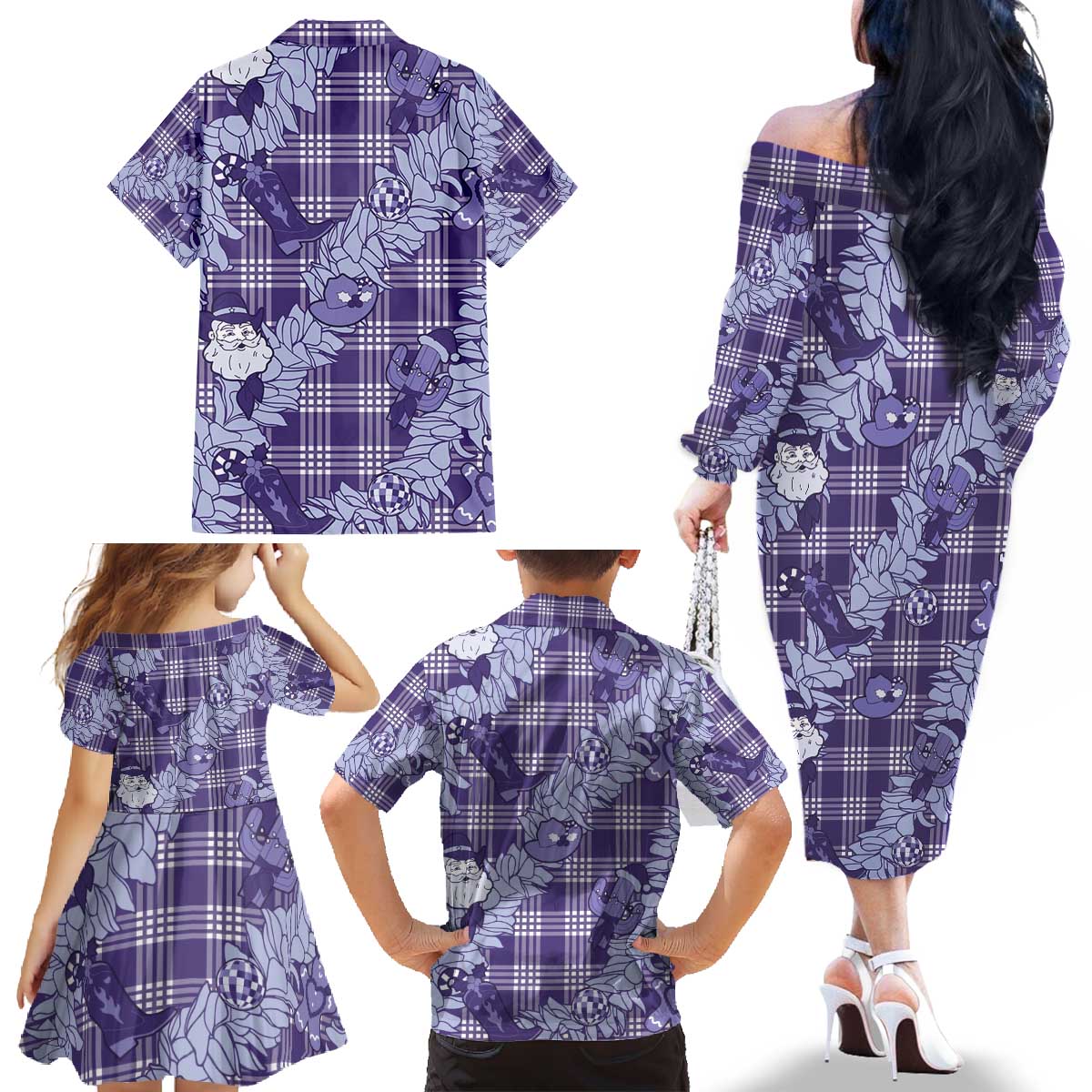 Purple Palaka Hawaii Cowboy Christmas Family Matching Off The Shoulder Long Sleeve Dress and Hawaiian Shirt Paniolo Mix Maile Lei LT7 - Polynesian Pride