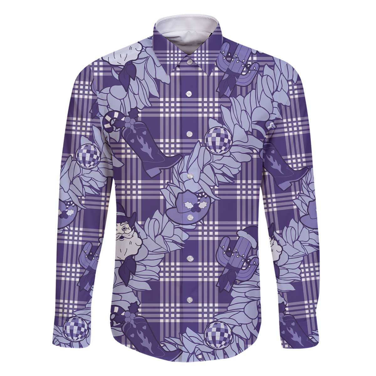 Purple Palaka Hawaii Cowboy Christmas Family Matching Off The Shoulder Long Sleeve Dress and Hawaiian Shirt Paniolo Mix Maile Lei LT7 Dad's Shirt - Long Sleeve Purple - Polynesian Pride