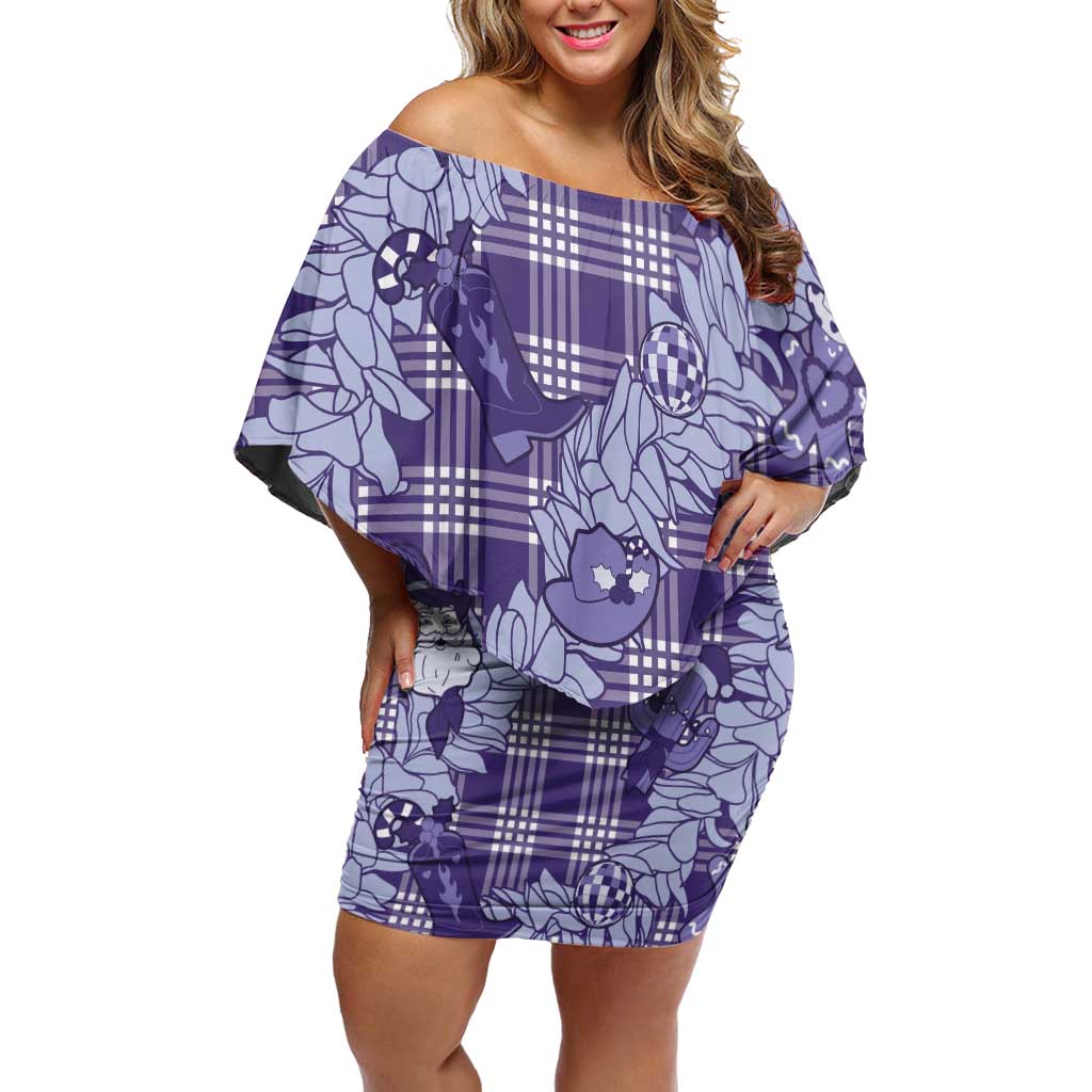 Purple Palaka Hawaii Cowboy Christmas Family Matching Off Shoulder Short Dress and Hawaiian Shirt Paniolo Mix Maile Lei LT7 Mom's Dress Purple - Polynesian Pride