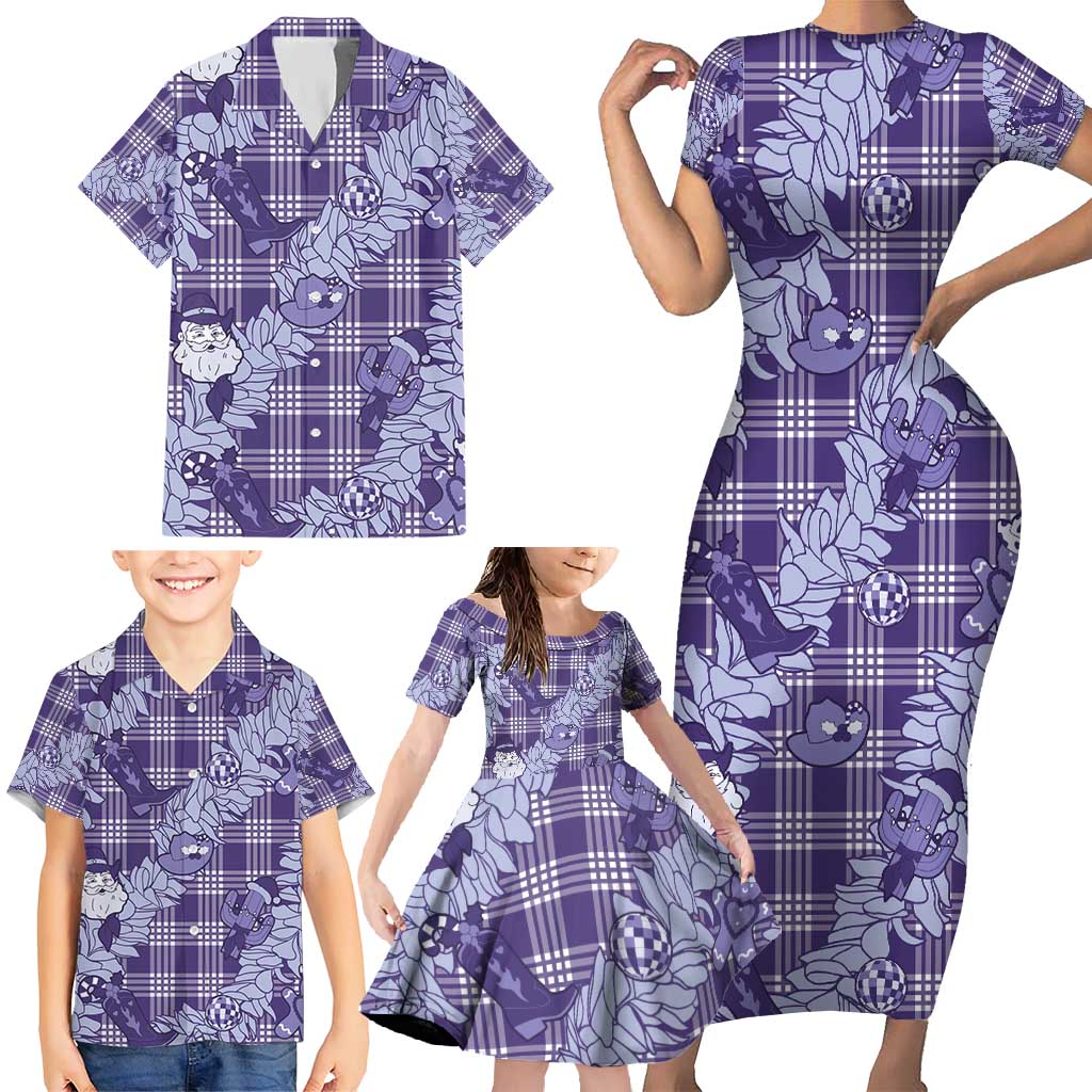 Purple Palaka Hawaii Cowboy Christmas Family Matching Short Sleeve Bodycon Dress and Hawaiian Shirt Paniolo Mix Maile Lei LT7 - Polynesian Pride