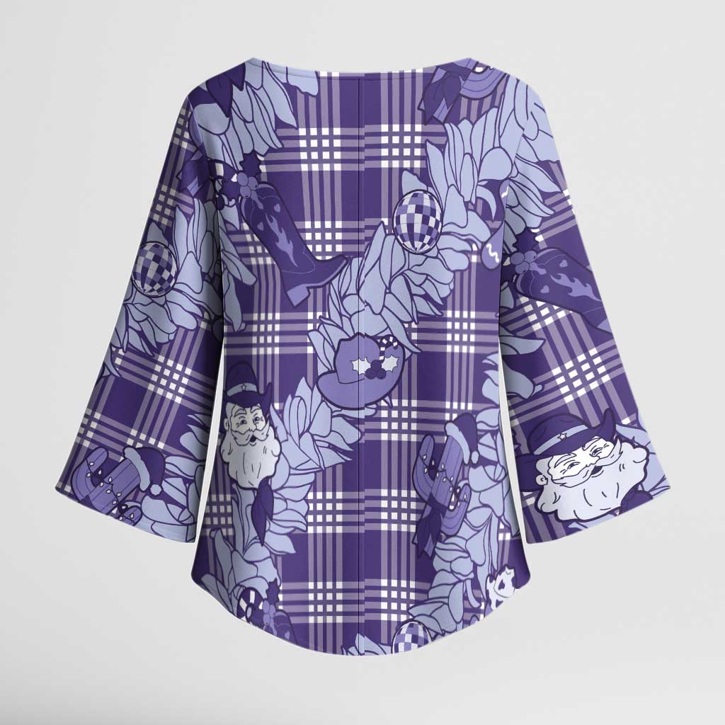 Purple Palaka Hawaii Cowboy Christmas Kimono Sleeve Blouse Paniolo Mix Maile Lei LT7 - Polynesian Pride