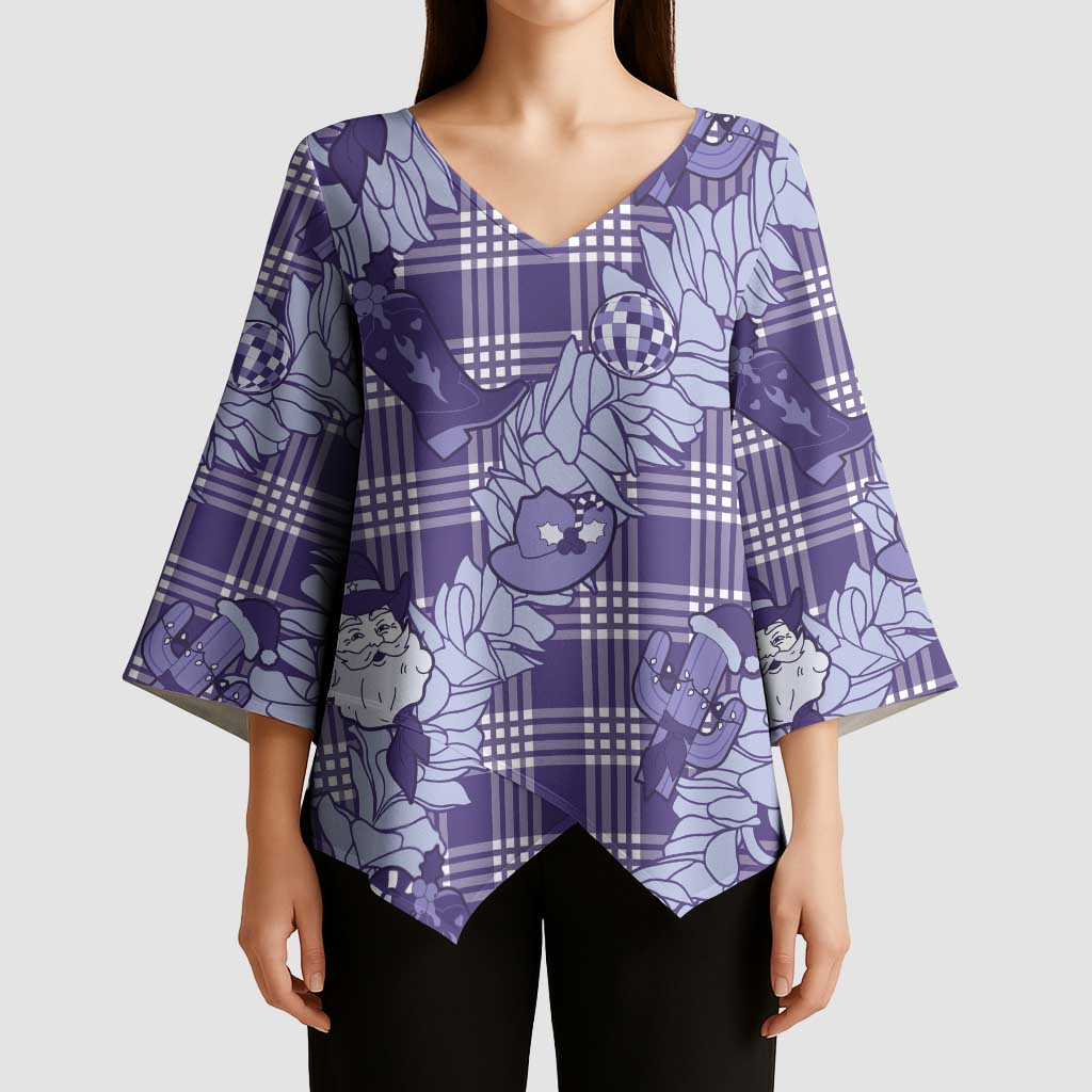 Purple Palaka Hawaii Cowboy Christmas Kimono Sleeve Blouse Paniolo Mix Maile Lei LT7 - Polynesian Pride