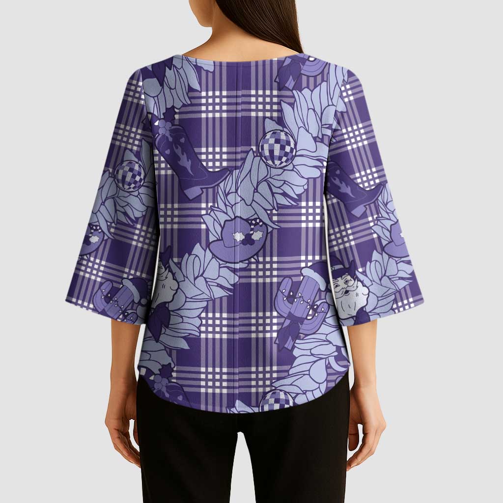 Purple Palaka Hawaii Cowboy Christmas Kimono Sleeve Blouse Paniolo Mix Maile Lei LT7 - Polynesian Pride