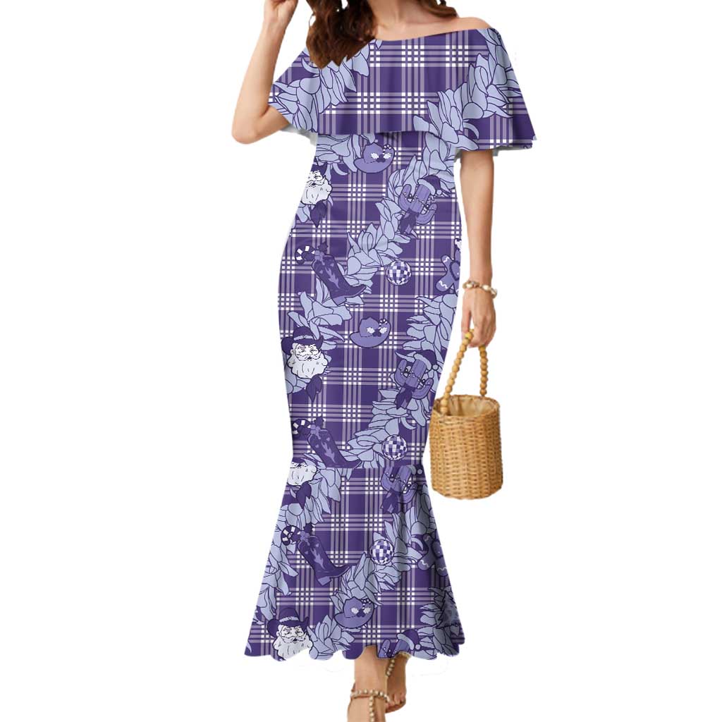 Purple Palaka Hawaii Cowboy Christmas Mermaid Dress Paniolo Mix Maile Lei - Polynesian Pride