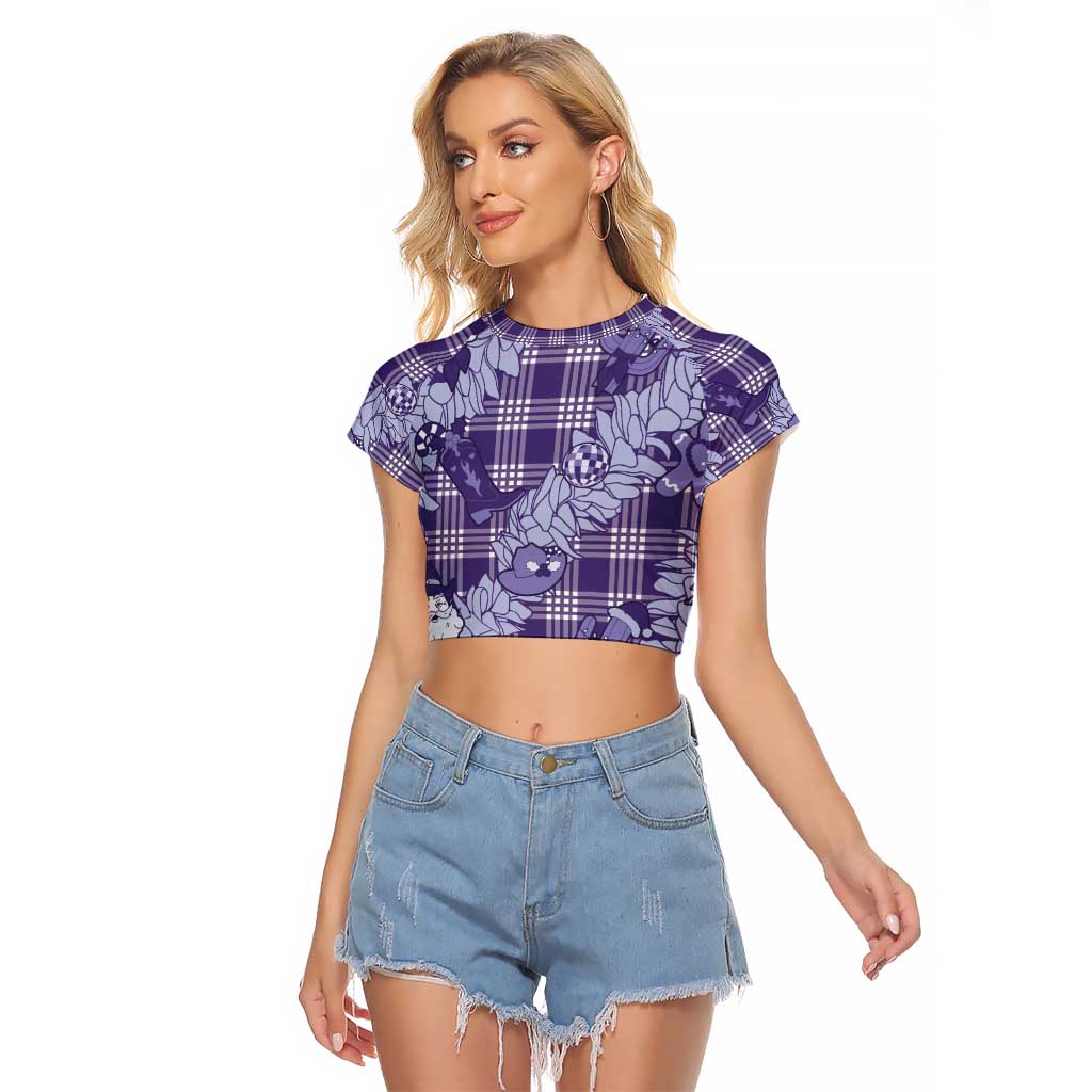 Purple Palaka Hawaii Cowboy Christmas Raglan Cropped T Shirt Paniolo Mix Maile Lei - Polynesian Pride