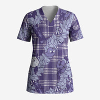 Purple Palaka Hawaii Cowboy Christmas Scrub Top Paniolo Mix Maile Lei - Polynesian Pride