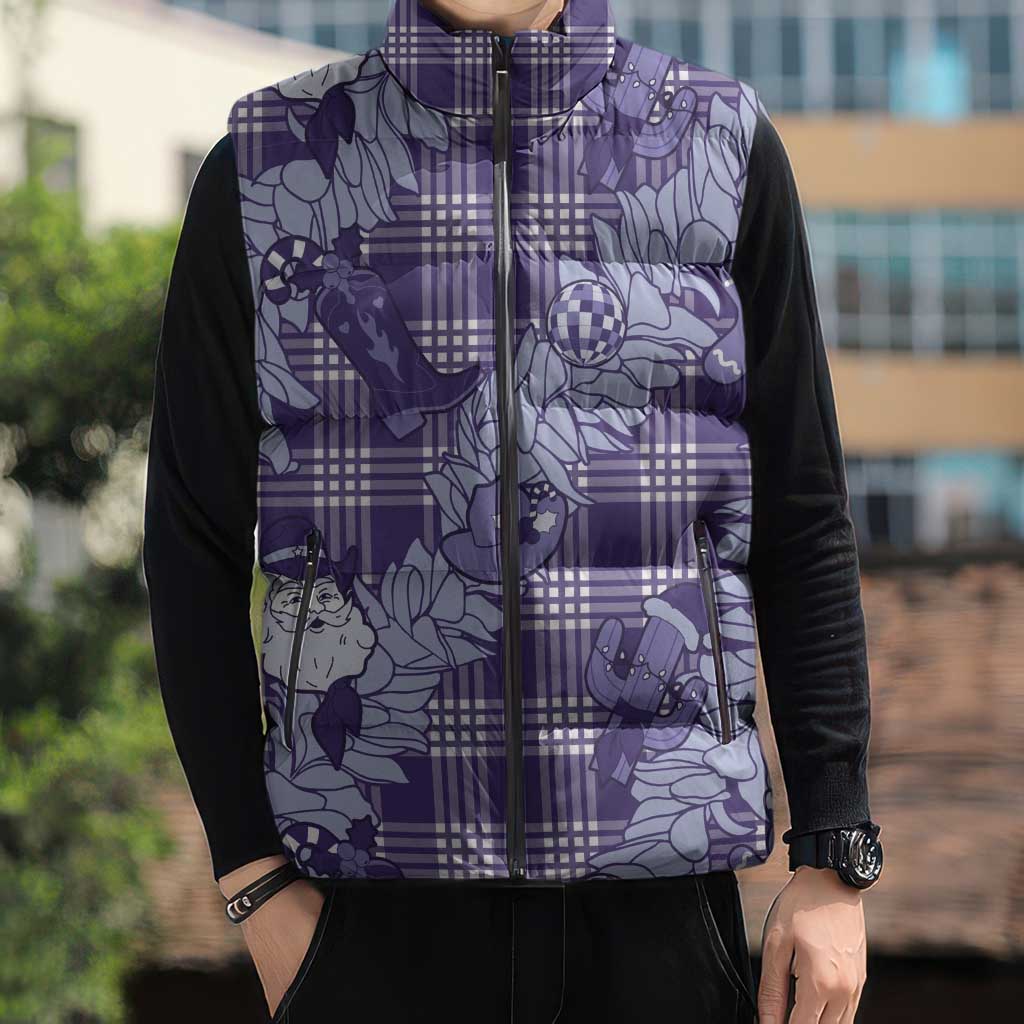 Purple Palaka Hawaii Cowboy Christmas Sleeveless Puffer Jacket Paniolo Mix Maile Lei - Polynesian Pride