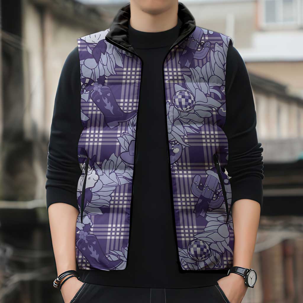 Purple Palaka Hawaii Cowboy Christmas Sleeveless Puffer Jacket Paniolo Mix Maile Lei - Polynesian Pride