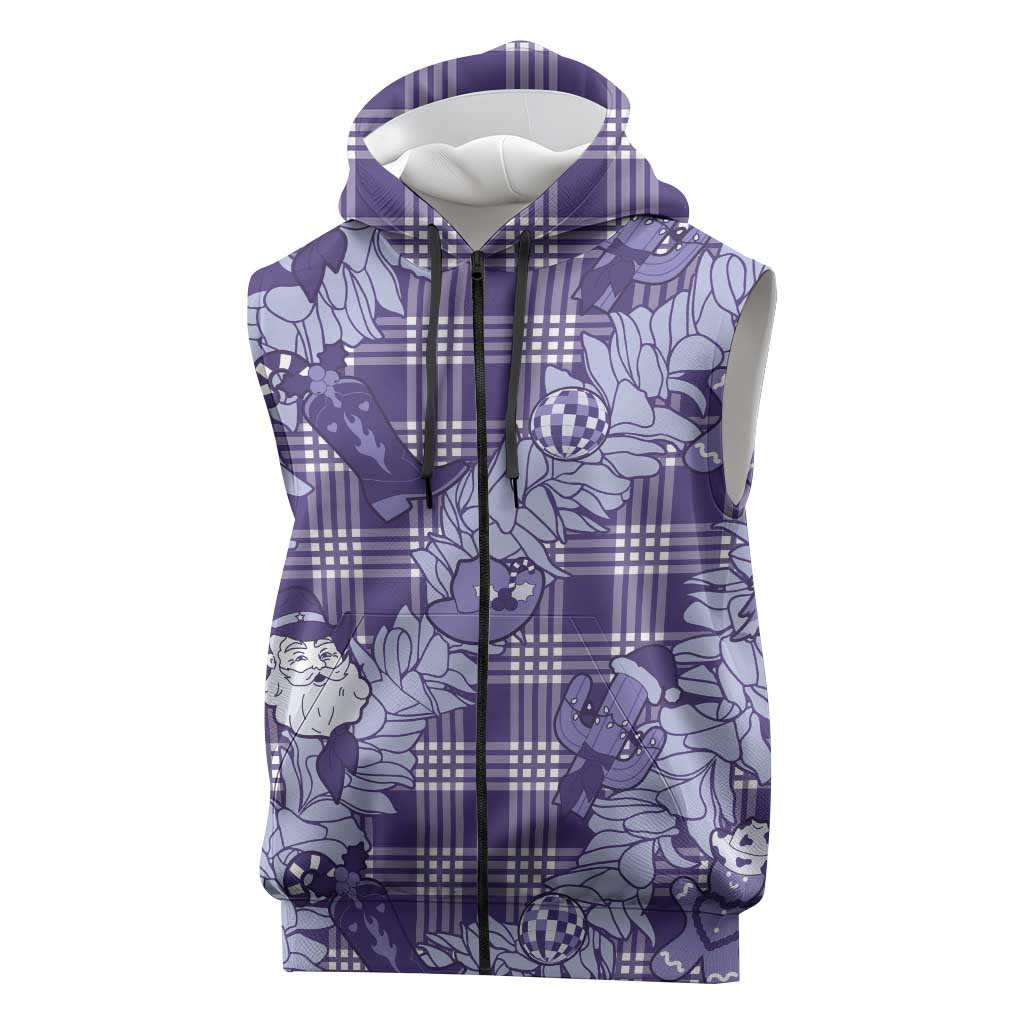 Purple Palaka Hawaii Cowboy Christmas Sleeveless Zip Hoodie Paniolo Mix Maile Lei - Polynesian Pride