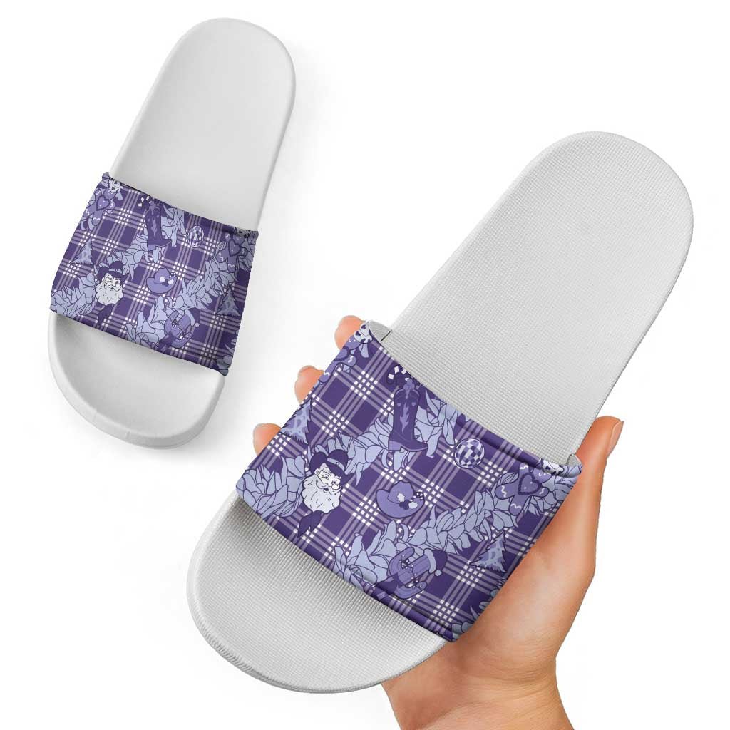 Purple Palaka Hawaii Cowboy Christmas Slide Sandals Paniolo Mix Maile Lei - Polynesian Pride