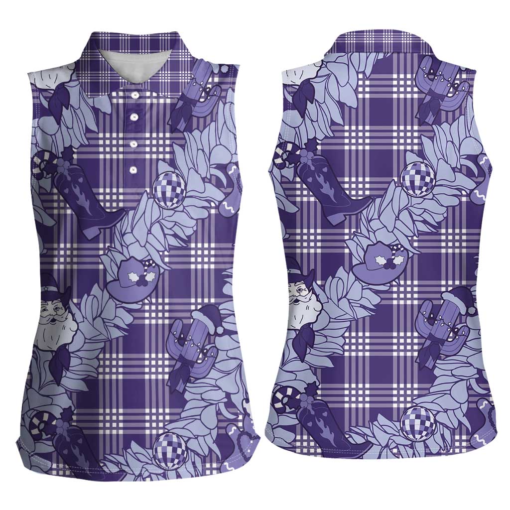 Purple Palaka Hawaii Cowboy Christmas Women Sleeveless Polo Shirt Paniolo Mix Maile Lei LT7 - Polynesian Pride