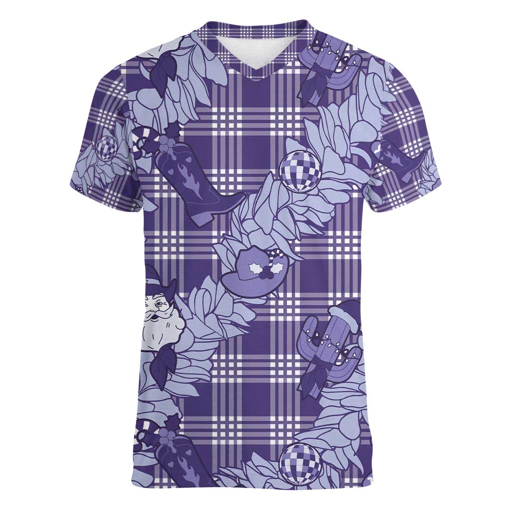 Purple Palaka Hawaii Cowboy Christmas Women V-Neck T-Shirt Paniolo Mix Maile Lei LT7 Female Purple - Polynesian Pride