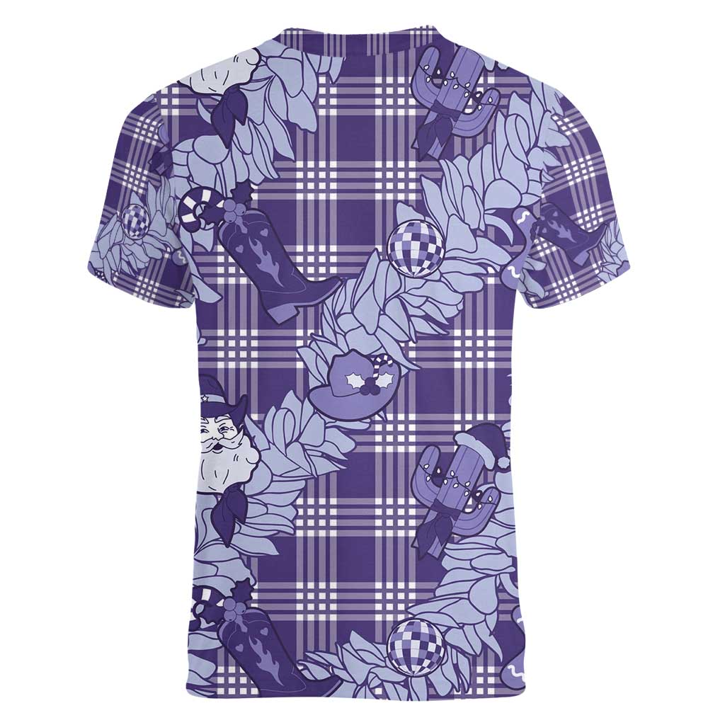 Purple Palaka Hawaii Cowboy Christmas Women V-Neck T-Shirt Paniolo Mix Maile Lei LT7 - Polynesian Pride