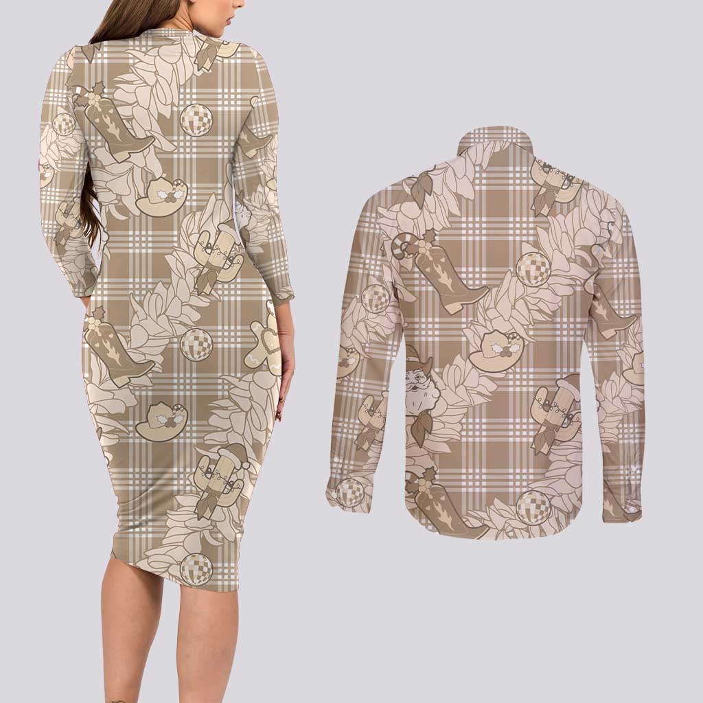 Khaki Palaka Hawaii Cowboy Christmas Couples Matching Long Sleeve Bodycon Dress and Long Sleeve Button Shirt Paniolo Mix Maile Lei LT7 - Polynesian Pride