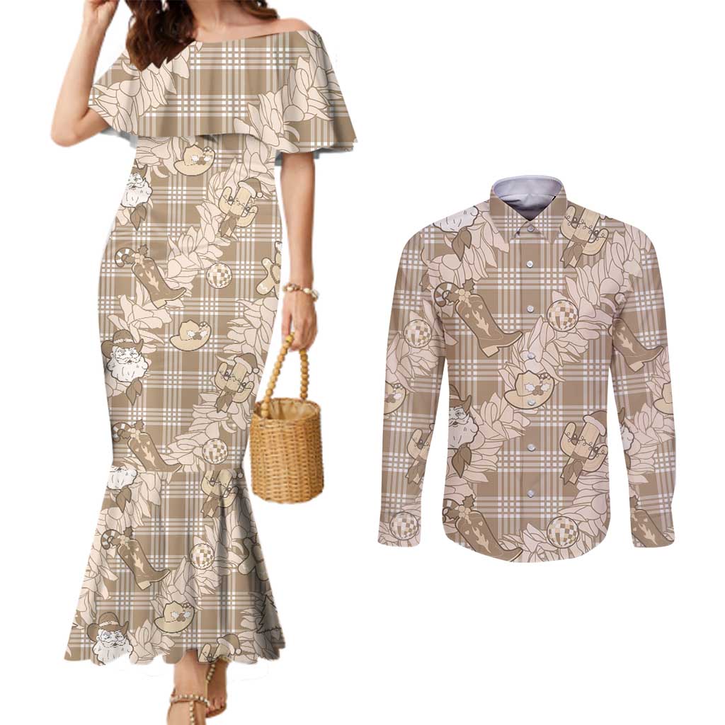 Khaki Palaka Hawaii Cowboy Christmas Couples Matching Mermaid Dress and Long Sleeve Button Shirt Paniolo Mix Maile Lei LT7 Beige - Polynesian Pride