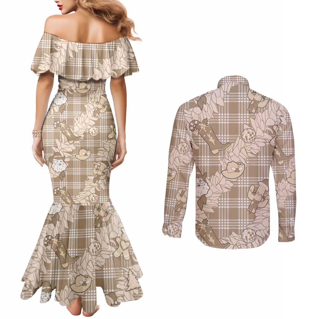 Khaki Palaka Hawaii Cowboy Christmas Couples Matching Mermaid Dress and Long Sleeve Button Shirt Paniolo Mix Maile Lei LT7 - Polynesian Pride