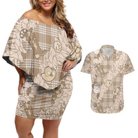 Khaki Palaka Hawaii Cowboy Christmas Couples Matching Off Shoulder Short Dress and Hawaiian Shirt Paniolo Mix Maile Lei LT7 Beige - Polynesian Pride