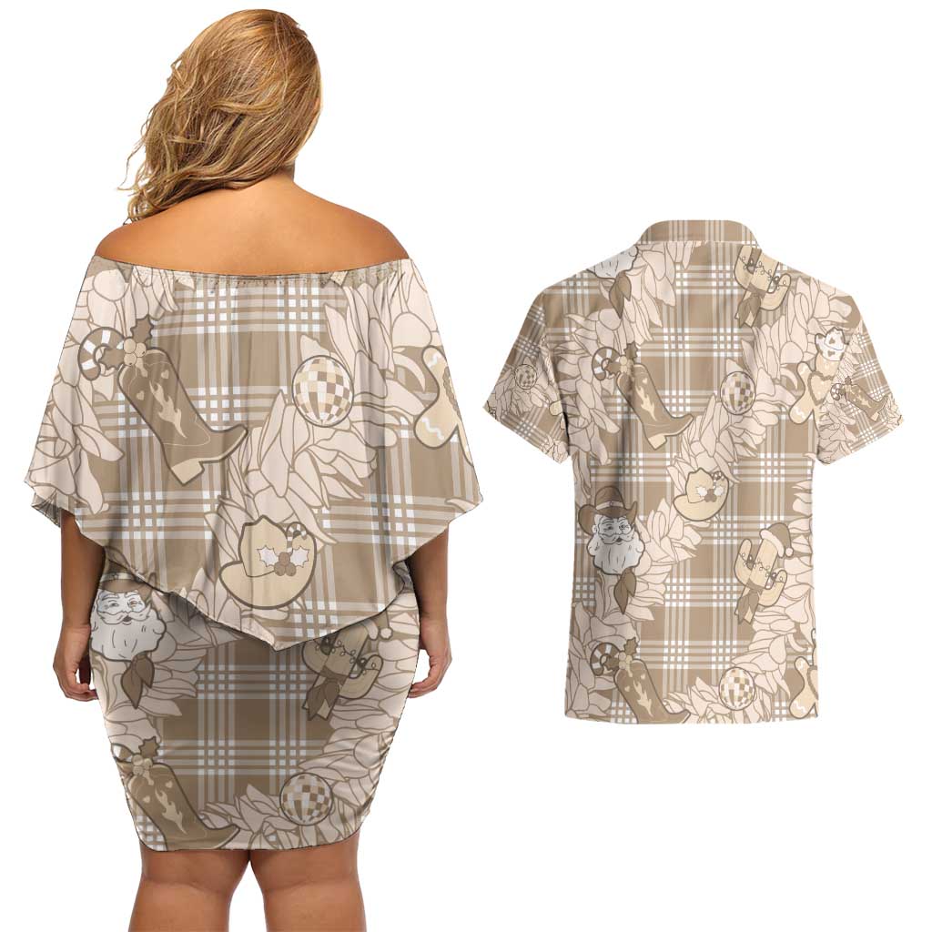 Khaki Palaka Hawaii Cowboy Christmas Couples Matching Off Shoulder Short Dress and Hawaiian Shirt Paniolo Mix Maile Lei LT7 - Polynesian Pride