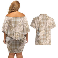 Khaki Palaka Hawaii Cowboy Christmas Couples Matching Off Shoulder Short Dress and Hawaiian Shirt Paniolo Mix Maile Lei LT7 - Polynesian Pride