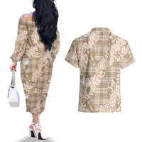 Khaki Palaka Hawaii Cowboy Christmas Couples Matching Off The Shoulder Long Sleeve Dress and Hawaiian Shirt Paniolo Mix Maile Lei LT7 - Polynesian Pride