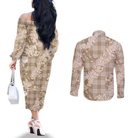 Khaki Palaka Hawaii Cowboy Christmas Couples Matching Off The Shoulder Long Sleeve Dress and Long Sleeve Button Shirt Paniolo Mix Maile Lei LT7 - Polynesian Pride