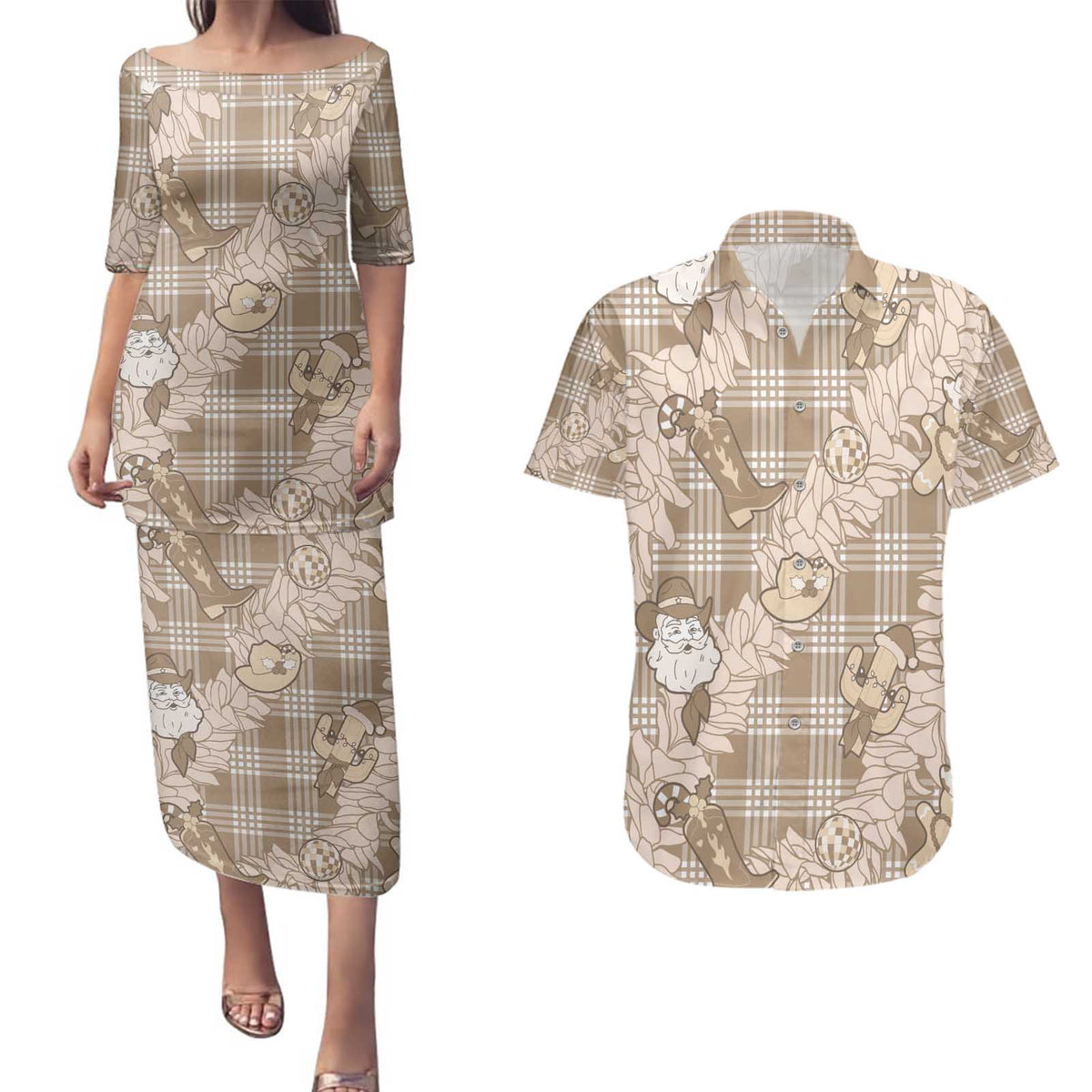 Khaki Palaka Hawaii Cowboy Christmas Couples Matching Puletasi and Hawaiian Shirt Paniolo Mix Maile Lei LT7 Beige - Polynesian Pride