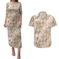 Khaki Palaka Hawaii Cowboy Christmas Couples Matching Puletasi and Hawaiian Shirt Paniolo Mix Maile Lei LT7 Beige - Polynesian Pride