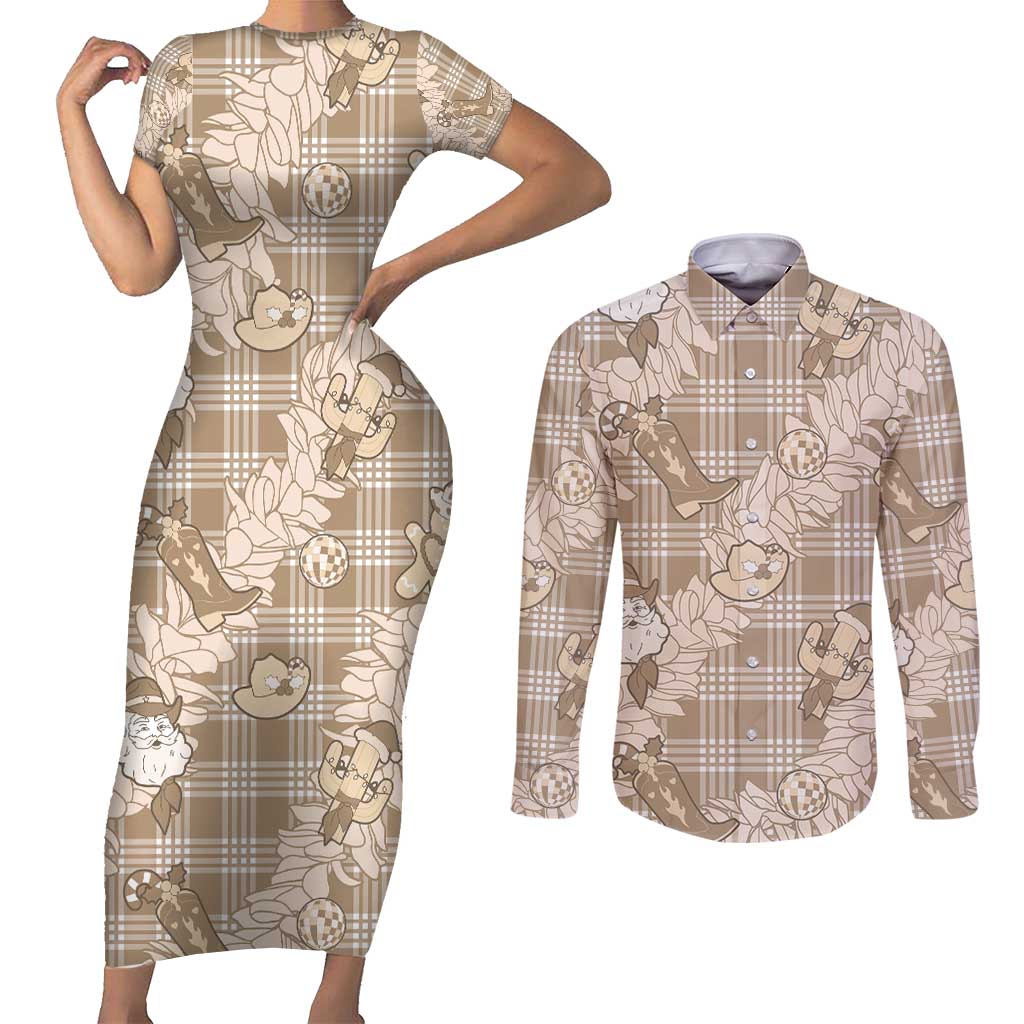 Khaki Palaka Hawaii Cowboy Christmas Couples Matching Short Sleeve Bodycon Dress and Long Sleeve Button Shirt Paniolo Mix Maile Lei LT7 Beige - Polynesian Pride