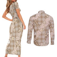 Khaki Palaka Hawaii Cowboy Christmas Couples Matching Short Sleeve Bodycon Dress and Long Sleeve Button Shirt Paniolo Mix Maile Lei LT7 - Polynesian Pride
