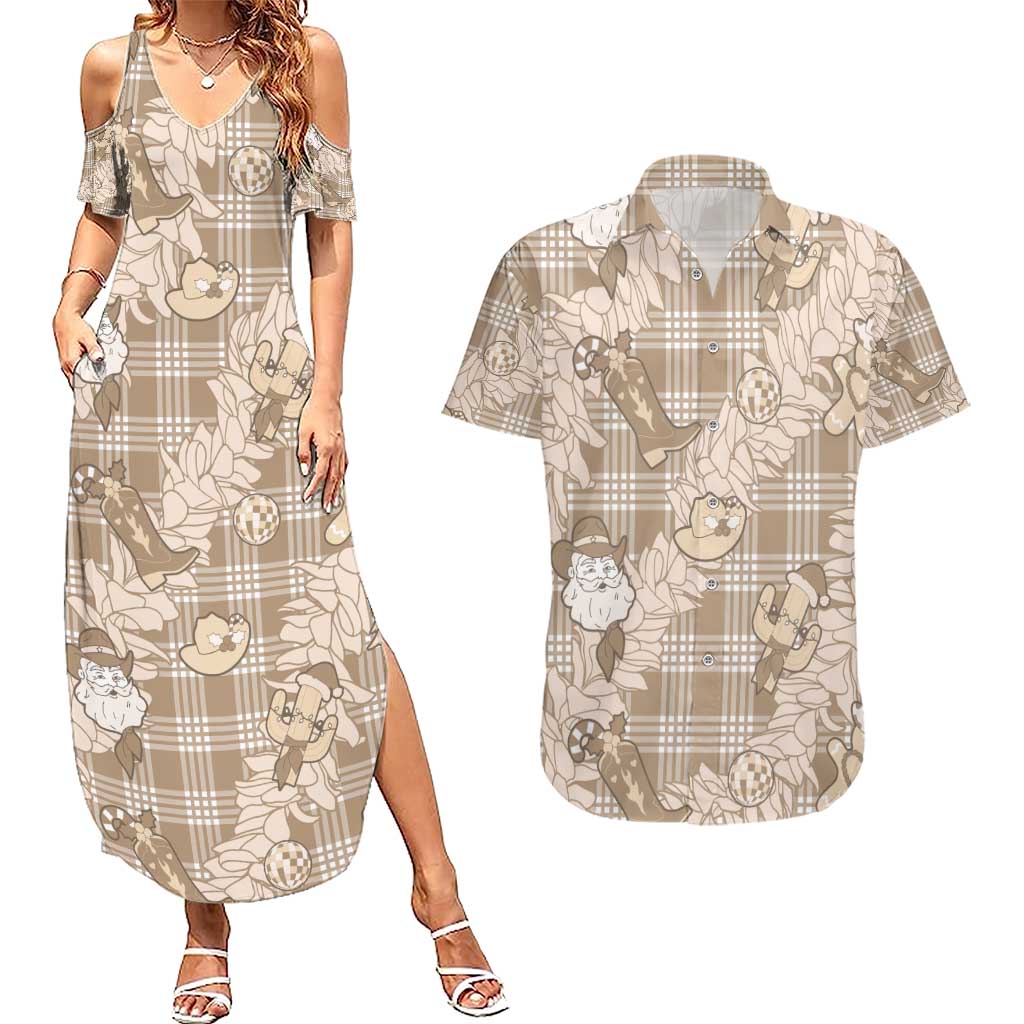 Khaki Palaka Hawaii Cowboy Christmas Couples Matching Summer Maxi Dress and Hawaiian Shirt Paniolo Mix Maile Lei LT7 Beige - Polynesian Pride