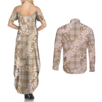 Khaki Palaka Hawaii Cowboy Christmas Couples Matching Summer Maxi Dress and Long Sleeve Button Shirt Paniolo Mix Maile Lei - Polynesian Pride