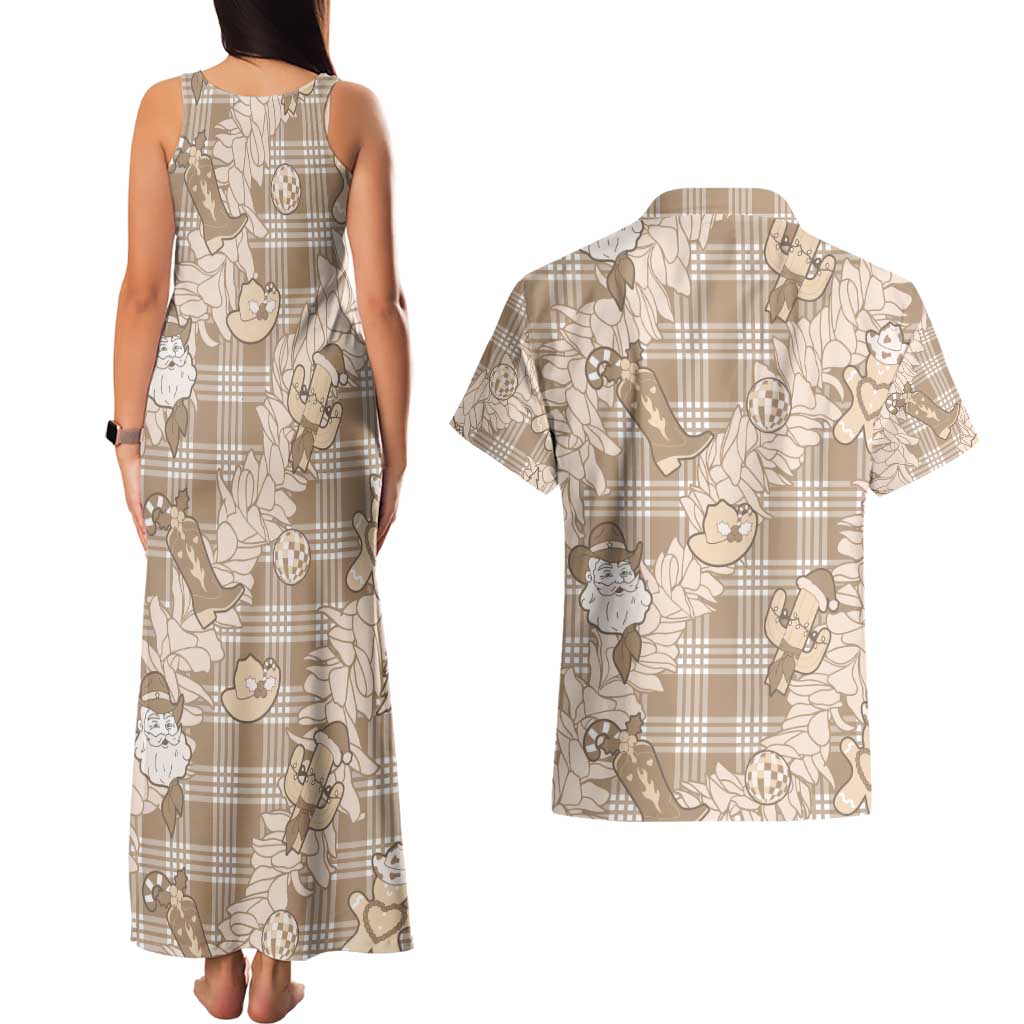 Khaki Palaka Hawaii Cowboy Christmas Couples Matching Tank Maxi Dress and Hawaiian Shirt Paniolo Mix Maile Lei LT7 - Polynesian Pride