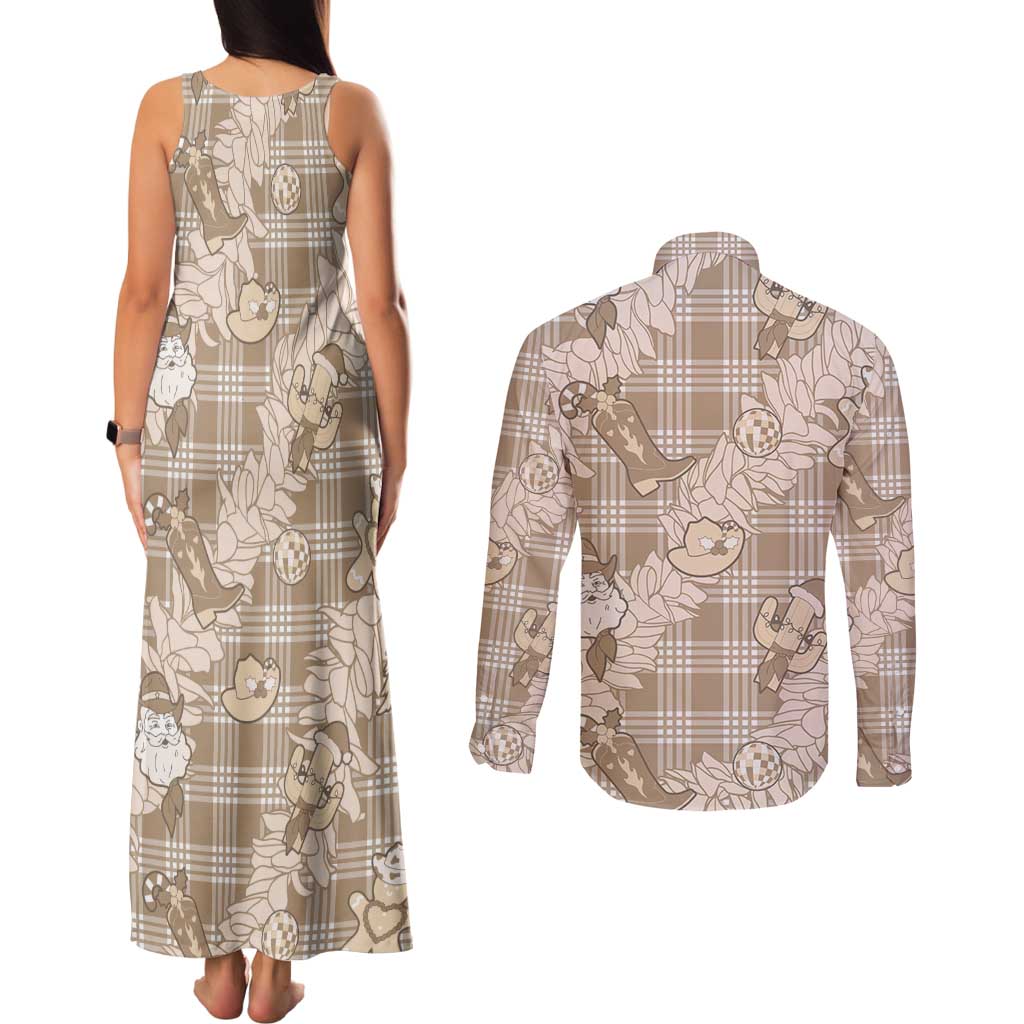 Khaki Palaka Hawaii Cowboy Christmas Couples Matching Tank Maxi Dress and Long Sleeve Button Shirt Paniolo Mix Maile Lei - Polynesian Pride