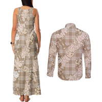 Khaki Palaka Hawaii Cowboy Christmas Couples Matching Tank Maxi Dress and Long Sleeve Button Shirt Paniolo Mix Maile Lei - Polynesian Pride