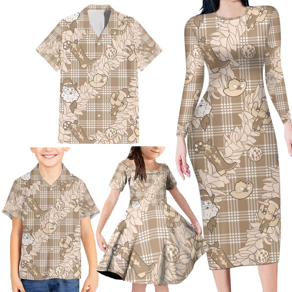 Khaki Palaka Hawaii Cowboy Christmas Family Matching Long Sleeve Bodycon Dress and Hawaiian Shirt Paniolo Mix Maile Lei LT7 - Polynesian Pride
