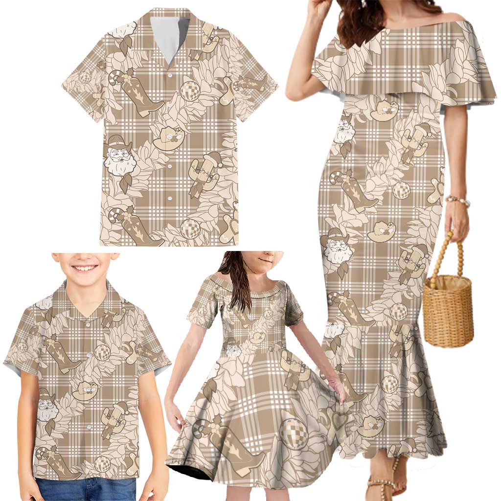 Khaki Palaka Hawaii Cowboy Christmas Family Matching Mermaid Dress and Hawaiian Shirt Paniolo Mix Maile Lei LT7 - Polynesian Pride