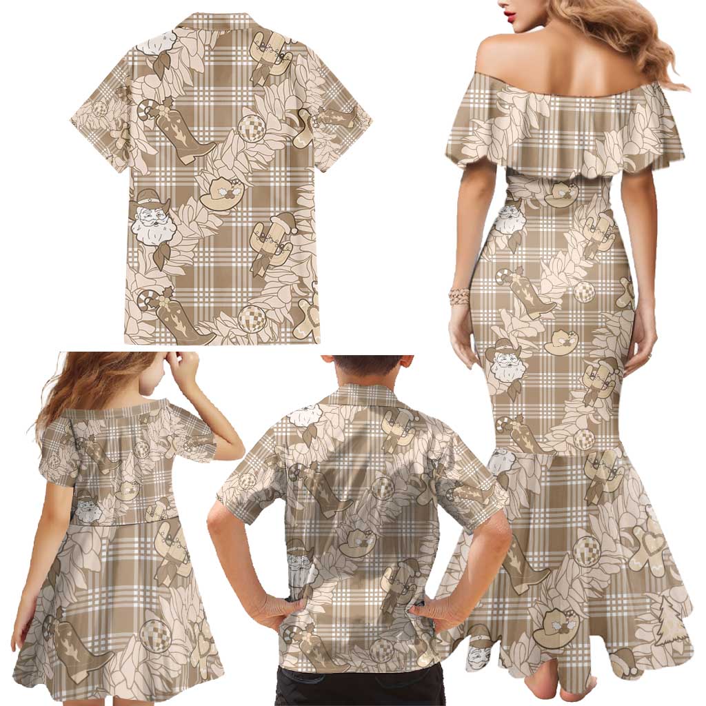 Khaki Palaka Hawaii Cowboy Christmas Family Matching Mermaid Dress and Hawaiian Shirt Paniolo Mix Maile Lei LT7 - Polynesian Pride