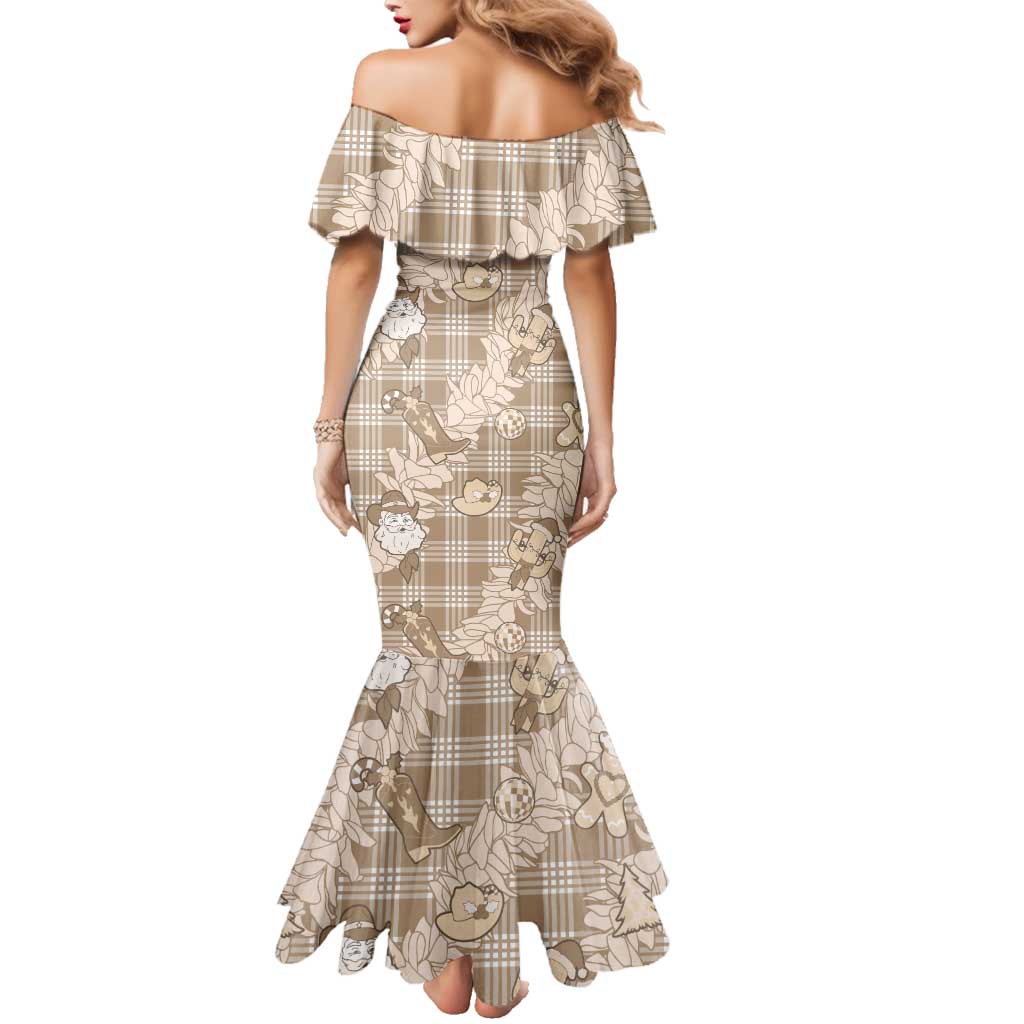 Khaki Palaka Hawaii Cowboy Christmas Family Matching Mermaid Dress and Hawaiian Shirt Paniolo Mix Maile Lei LT7 - Polynesian Pride