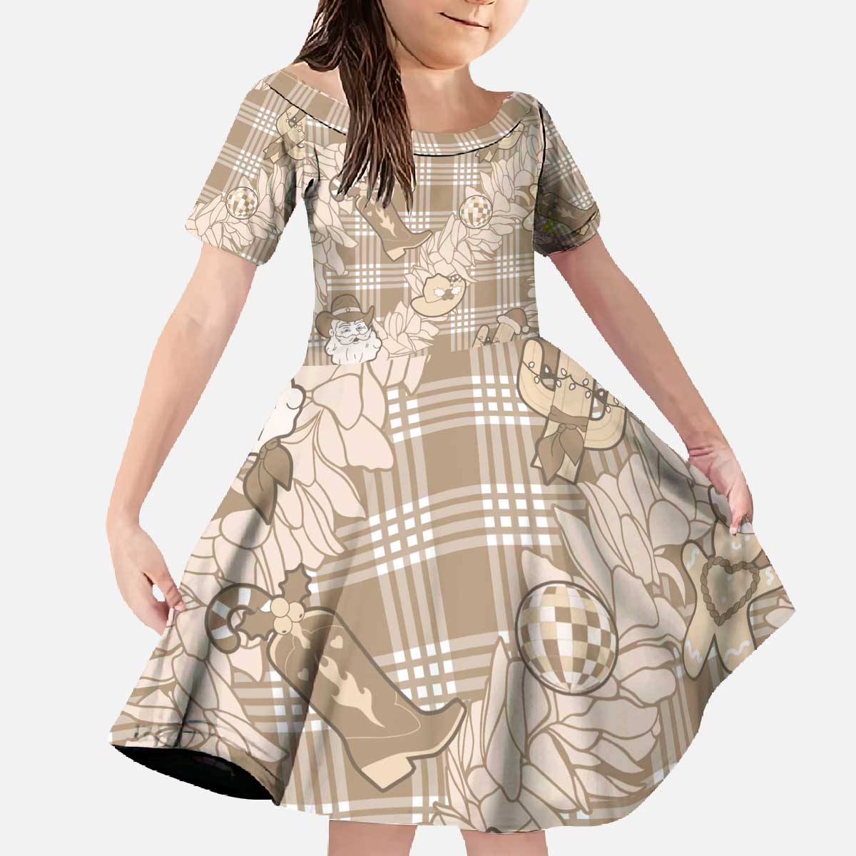 Khaki Palaka Hawaii Cowboy Christmas Family Matching Off The Shoulder Long Sleeve Dress and Hawaiian Shirt Paniolo Mix Maile Lei LT7 Daughter's Dress Beige - Polynesian Pride