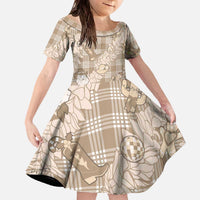 Khaki Palaka Hawaii Cowboy Christmas Family Matching Off The Shoulder Long Sleeve Dress and Hawaiian Shirt Paniolo Mix Maile Lei LT7 Daughter's Dress Beige - Polynesian Pride