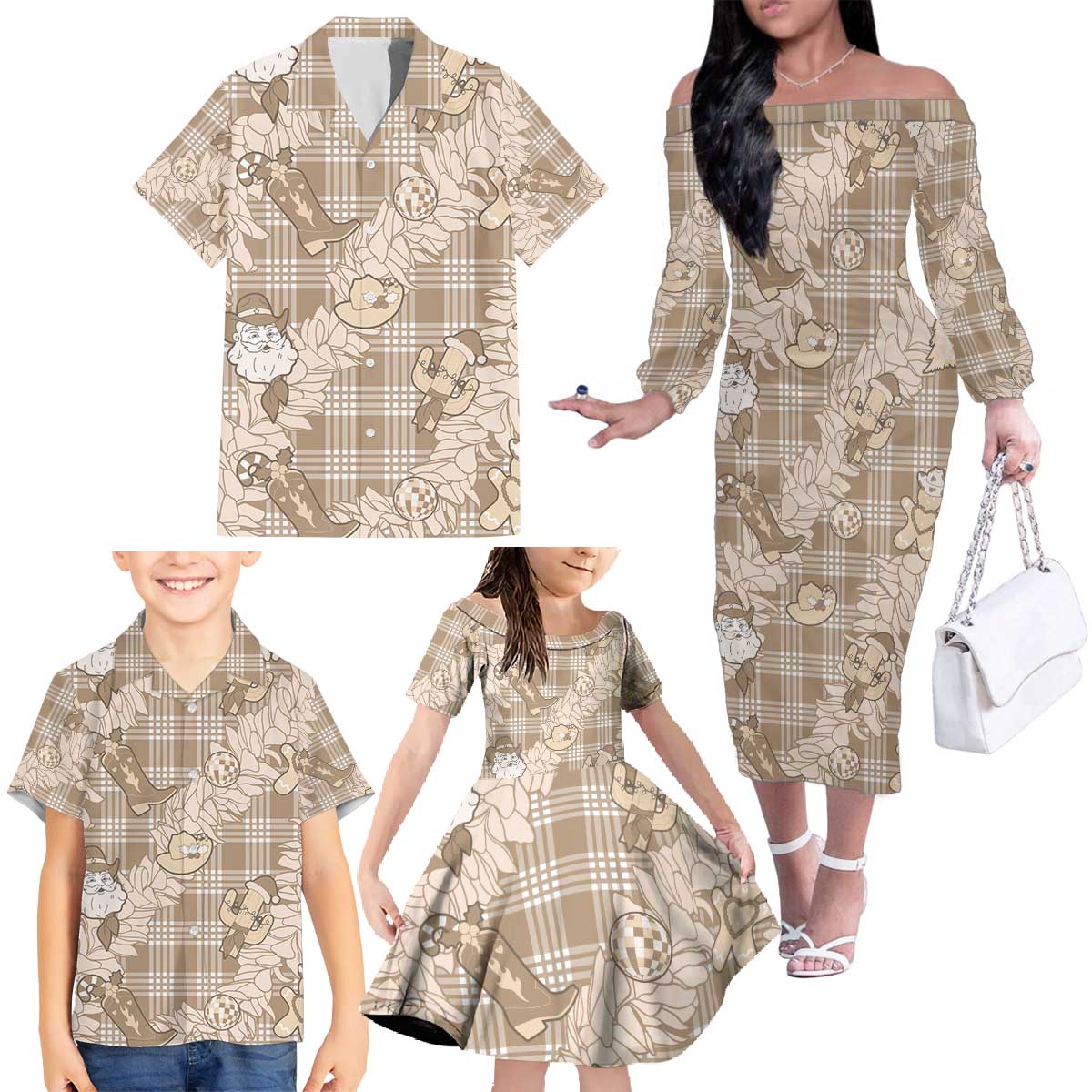 Khaki Palaka Hawaii Cowboy Christmas Family Matching Off The Shoulder Long Sleeve Dress and Hawaiian Shirt Paniolo Mix Maile Lei LT7 - Polynesian Pride