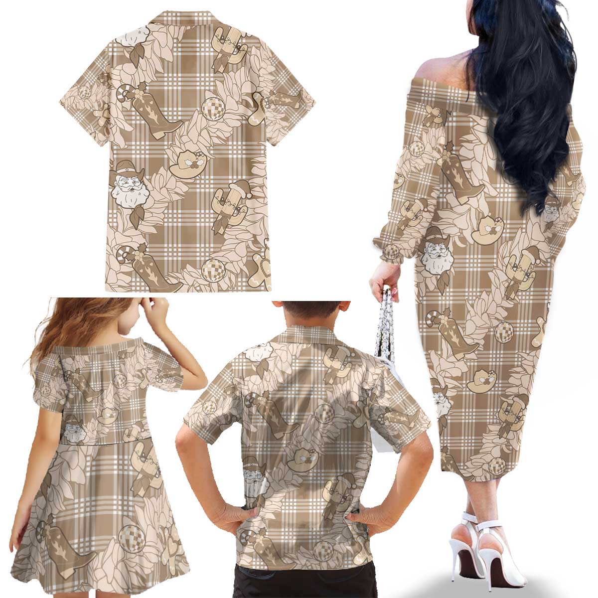 Khaki Palaka Hawaii Cowboy Christmas Family Matching Off The Shoulder Long Sleeve Dress and Hawaiian Shirt Paniolo Mix Maile Lei LT7 - Polynesian Pride