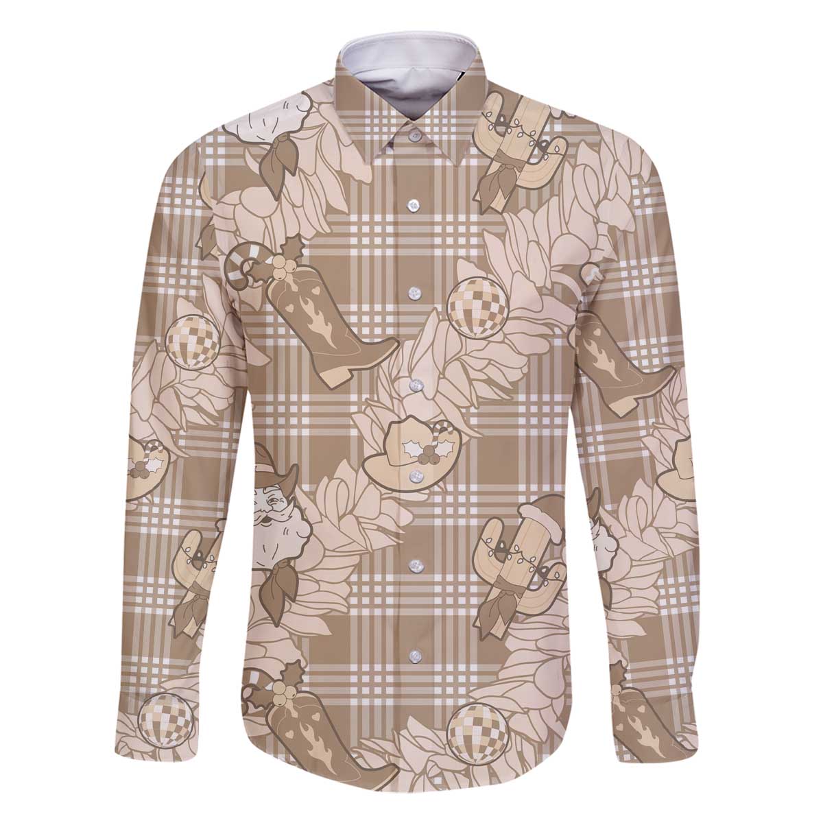 Khaki Palaka Hawaii Cowboy Christmas Family Matching Off The Shoulder Long Sleeve Dress and Hawaiian Shirt Paniolo Mix Maile Lei LT7 Dad's Shirt - Long Sleeve Beige - Polynesian Pride