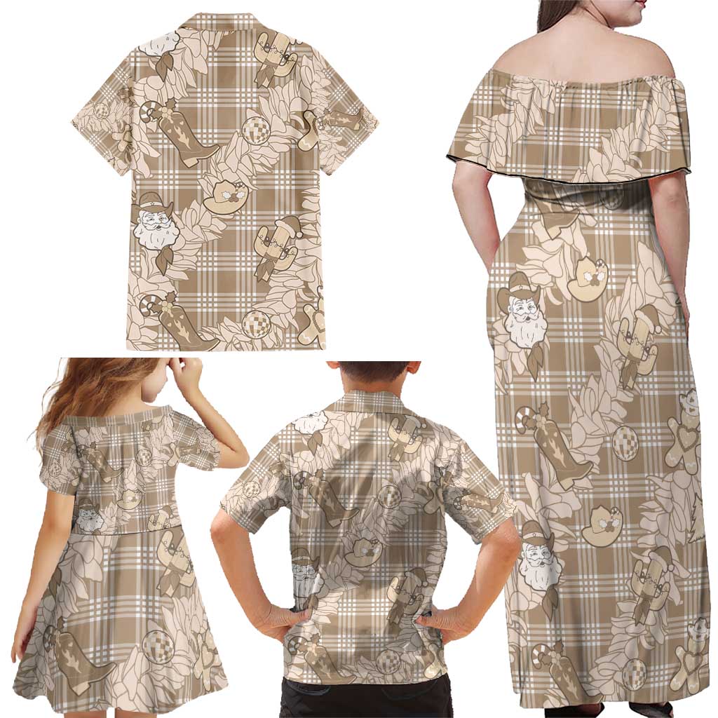 Khaki Palaka Hawaii Cowboy Christmas Family Matching Off Shoulder Maxi Dress and Hawaiian Shirt Paniolo Mix Maile Lei LT7 - Polynesian Pride