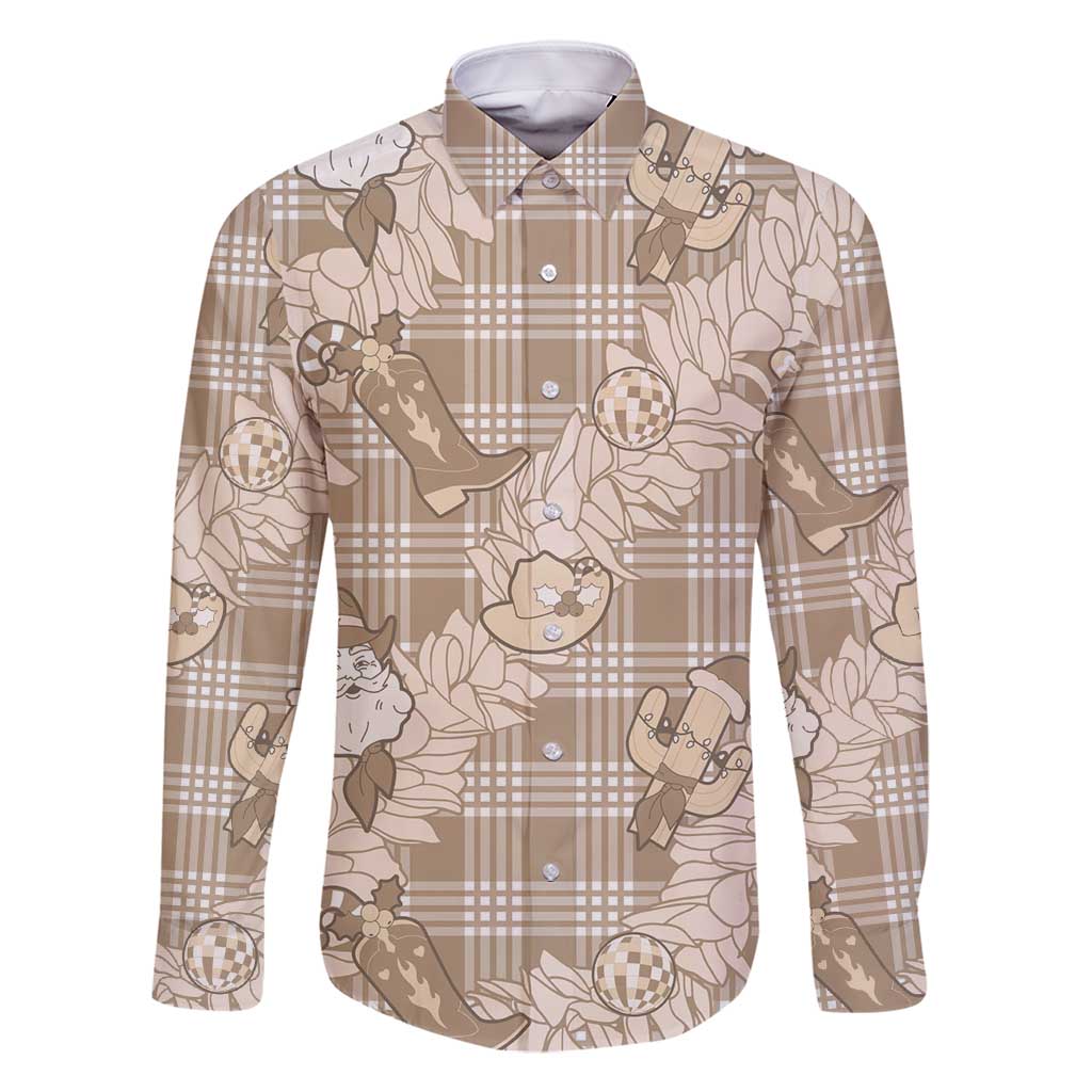 Khaki Palaka Hawaii Cowboy Christmas Family Matching Off Shoulder Maxi Dress and Hawaiian Shirt Paniolo Mix Maile Lei LT7 Dad's Shirt - Long Sleeve Beige - Polynesian Pride