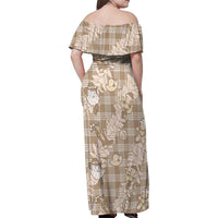 Khaki Palaka Hawaii Cowboy Christmas Family Matching Off Shoulder Maxi Dress and Hawaiian Shirt Paniolo Mix Maile Lei LT7 - Polynesian Pride